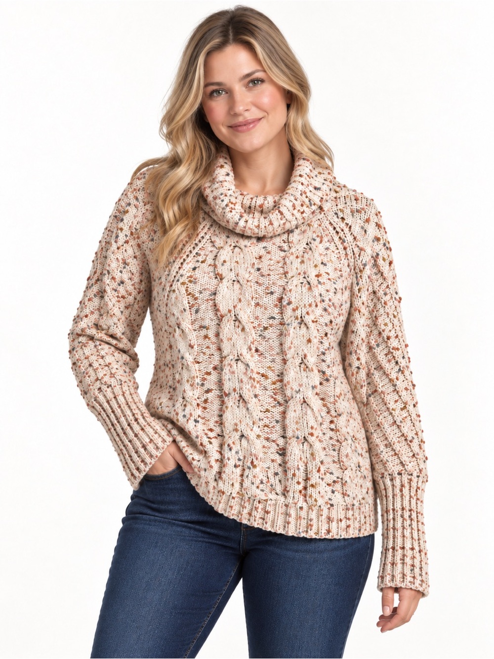 Moon & Madison NWT Medium Cream Confetti Cable Knit Cowl Neck Sweater